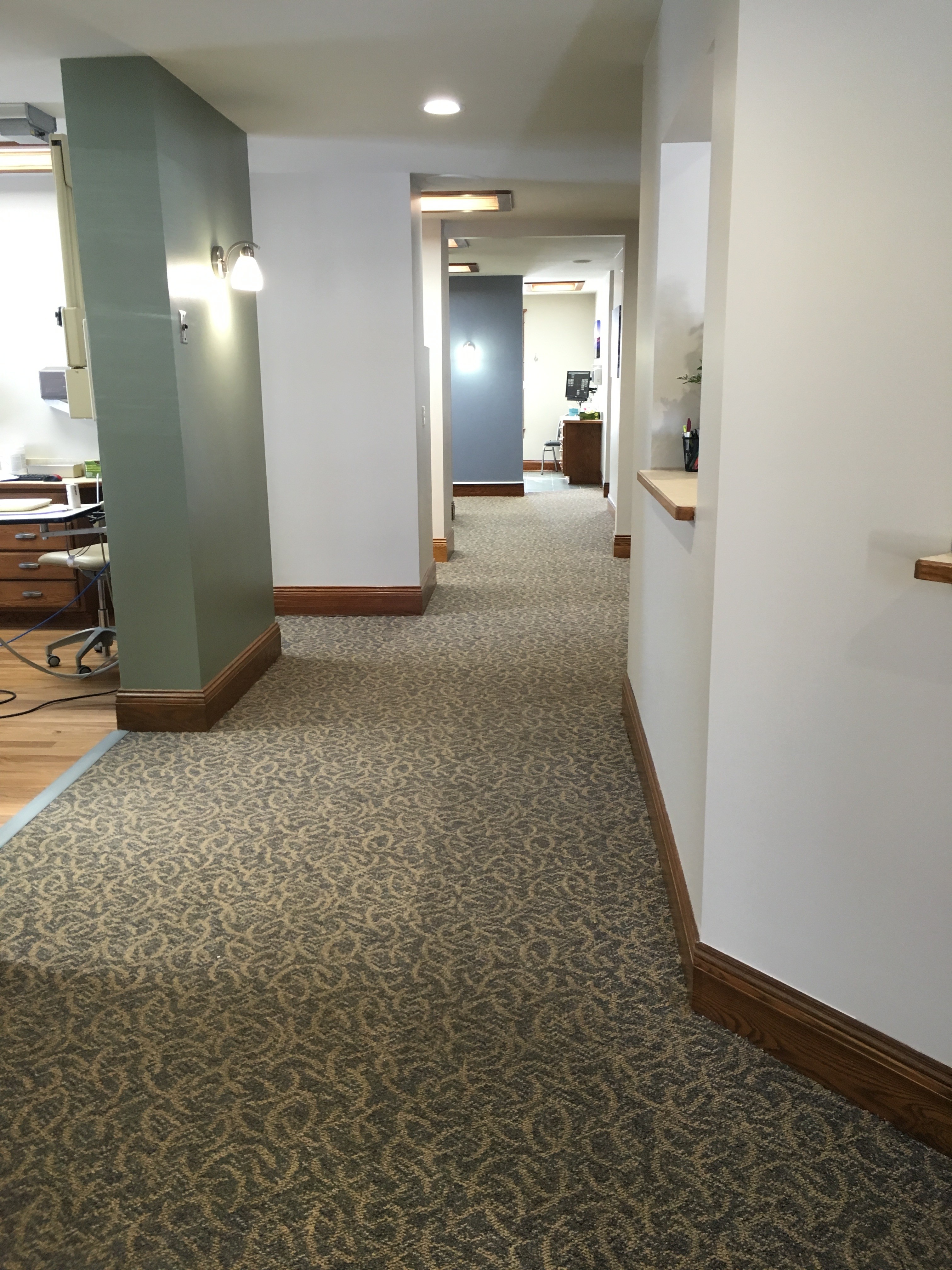 Hallways were expanded for ease of flow. Barbers Floors and More provided new flooring for our operatory rooms as well as carpeted areas.